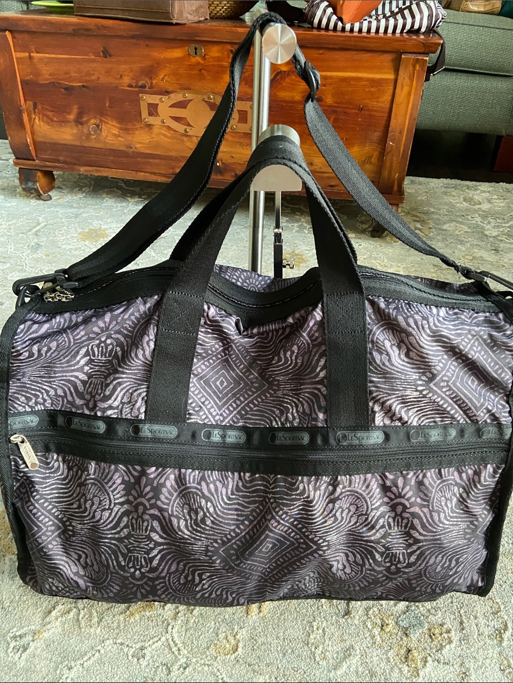 Lesportsac Large Black and Lavender Weekender Duffel Bag